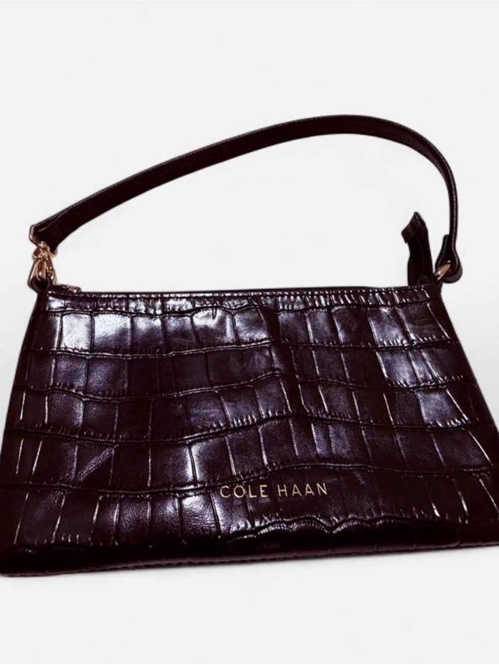 Cole Haan Black Croc-Embossed Wristlet Bag with Gold Logo Like New